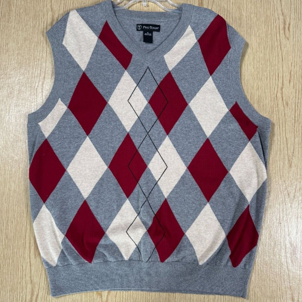 Pro Tour Argyle Golf Sweater Vest Men’s XL Gray Red Beige Classic